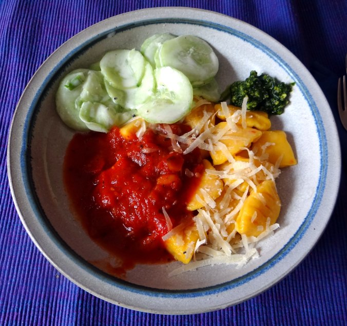 Kartoffel-Kürbis Gnocchis,Tomatensoße,Gurkensalat,vegetarisch (1)